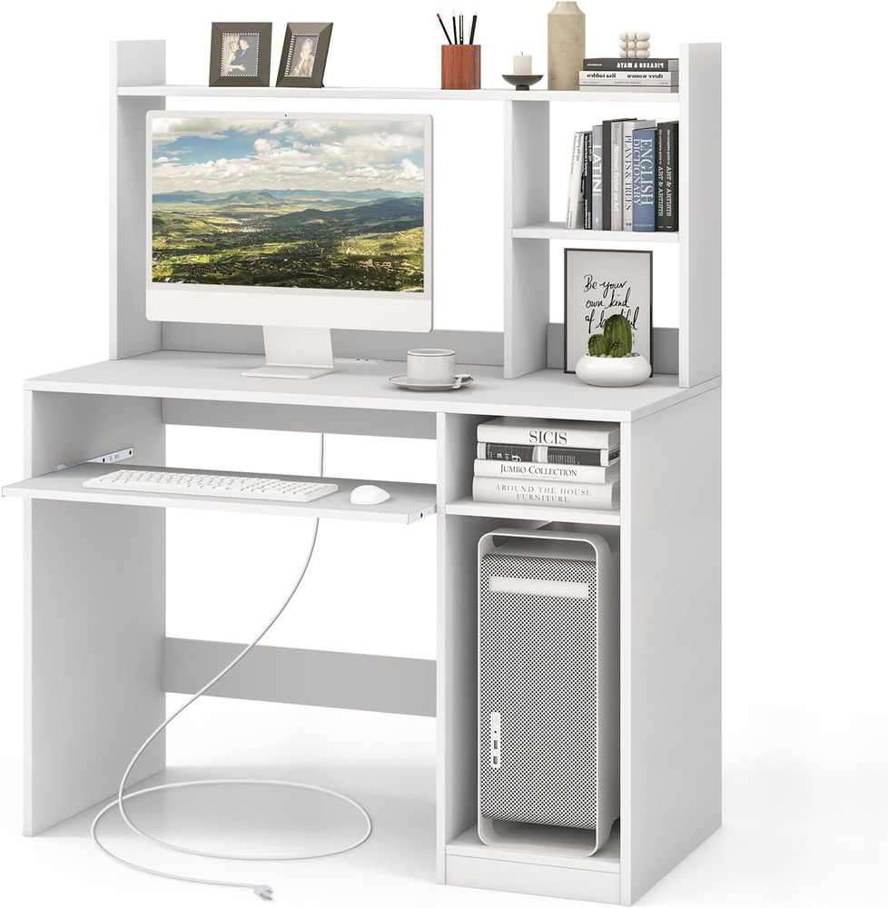 Modern White Desk with Hutch & Charging Station for Home Office & Study