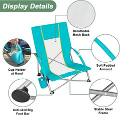 Low Beach Chairs for Adults 2 Pack, Lightweight Folding Sand Chairs with Breatha