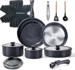 Ceramic Nonstick Cookware Set 19 Piece with Detachable Handle, Induction Dishwas