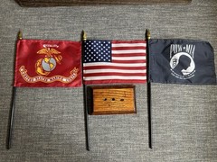 Wood Stand With 3 Flags United States,US Marine Corps, And POW