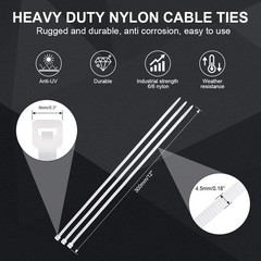 12 Inch Zip Cable Ties (100 Pieces), Self-Locking 12″ White