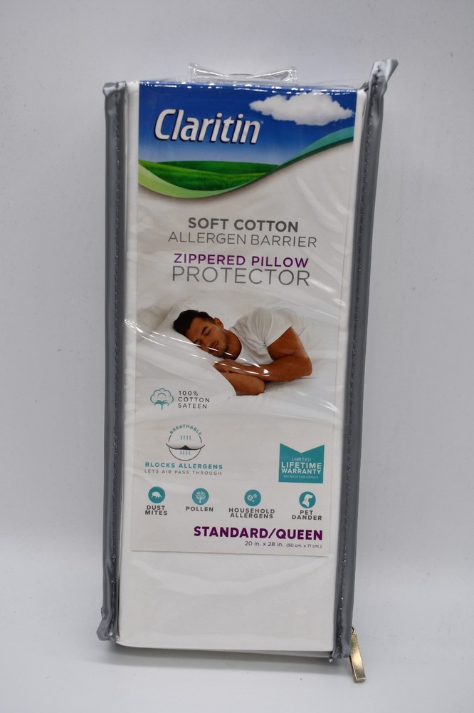 NEW Claritin Zippered Pillow Protector Cotton 20×28″ S/Q Allergen Barrier
