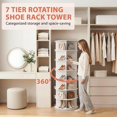 7 Tier Rotating Shoe Rack Tower Organizer Revolving 360 White Shoe Rack Storage