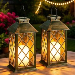 Solar Lanterns Outdoor Waterproof, Flickering Candles Bronze*2, 4.2*4.2*8.7in