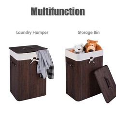 Costway Rectangle Bamboo Hamper Laundry Basket Washing Cloth Bin Lid Brown