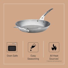 De Buyer 5680.32 Mineral B Carbon Steel Fry Pan with Helper Handle, 1.7L, Silver