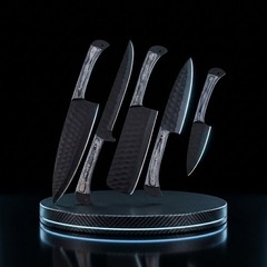 Carbon Steel Chef Knife Set 5Pc Shard Hammered Blade Grey Pakkawood Leather Roll