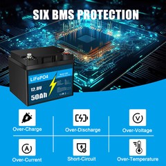 12V 50Ah LiFePO4 Lithium Battery, Deep Cycle, Perfect for RV, Marine