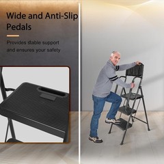 3 Step stool Ladder with Handrails 500 lbs folding Attachable Tool