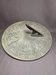 VTG BRASS 9” Sundial I Count None But Sunny Hours Winged Hourglass Garden Patina