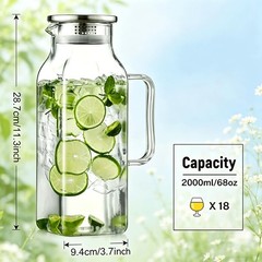 1 Pack 2 Liters/68 oz Square Glass Pitcher with Lid and Handle, Glass Carafe …