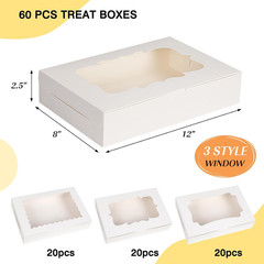 60Pcs Bakery Boxes, 12X8X2.5 Inches 3 Style Cookie Boxes, Treat Containers with
