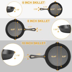 3Pcs Pre-Seasoned Cast Iron Skillet Set 6 8 10in Non-Stick Oven Safe Cookware He