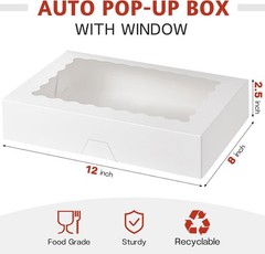 30 Pack Auto Pop-up Cookie Boxes with Window, 12″ x 8″ x 2.5″ White Bakery Bo…
