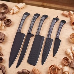 Carbon Steel Chef Knife Set 5Pc Shard Hammered Blade Grey Pakkawood Leather Roll