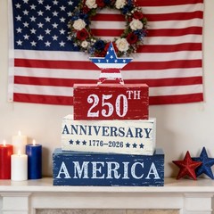 4 Pcs 250 Years American Anniversary Wooden Tabletop Decorations Red White Bl…
