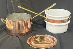 Vintage Copral Portugal Copper Double Boiler Sauce Pan Pot w/Lid Brass & Handles