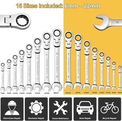 16PC 6-22mm Metric Flexible Head Ratcheting Wrench Combination Spanner Tool Set