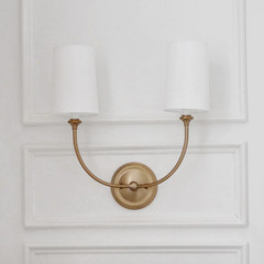 Crystorama Sylvan 15.5″ Double Sconce in Vibrant Gold with Fabric Shades, NIB