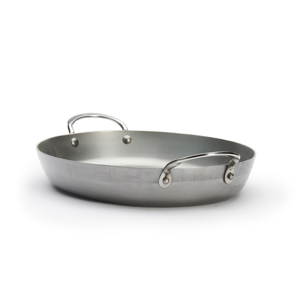 De Buyer 5651.36 Mineral B 9.5-Inch Carbon Steel Oval Roasting Pan, Silver