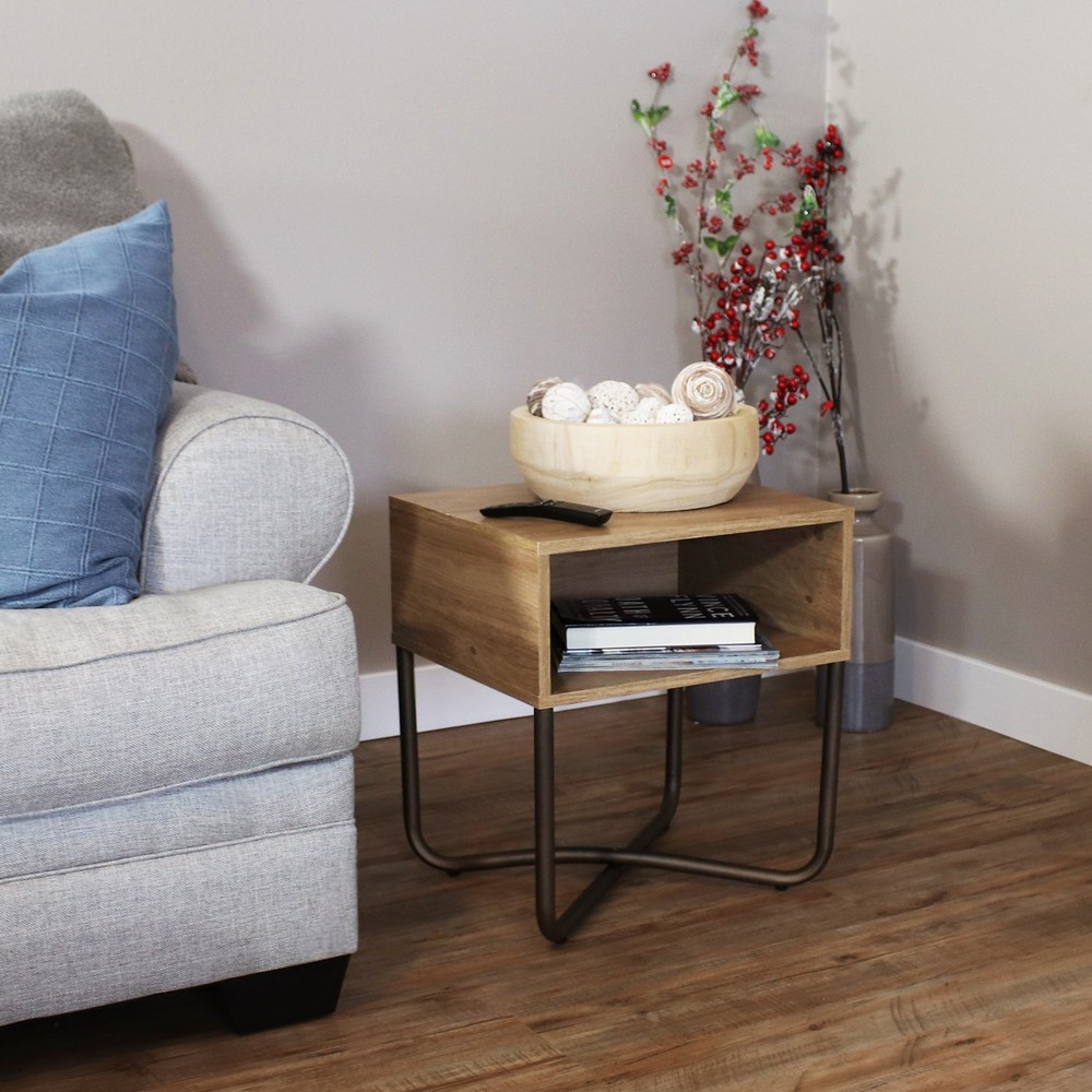 Industrial-Style MDP Side Table with Shelf – Brown – 19.75 in by Sunnydaze