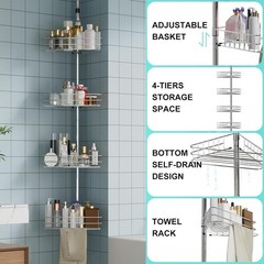 4-Tier Shower Caddy Organizer Tension Pole, Rustproof Corner Shelf for Bathroom