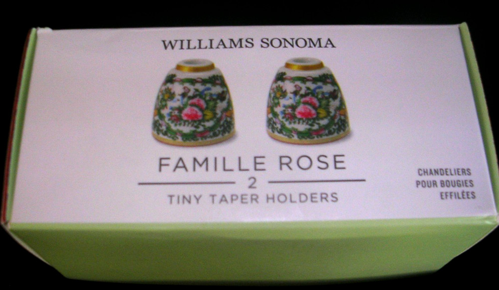 WILLIAMS SONOMA FAMILLE ROSE TINY TAPER HOLDERS SET OF 2 PORCELAIN NEW/ORIGPKG
