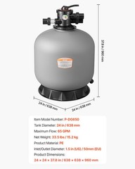 VEVOR Sand Filter 24 in Above Inground Swimming Pool Sand Filter 7-Way Valve