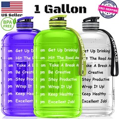 1 Gallon/128 oz Water Bottle w/ Straw Gym Training Fitness Jug Motivational Time