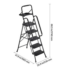 Uimoso 5-Step Steel Folding Ladder with Anti-Slip Steps,Dual Handrails, 600lbs