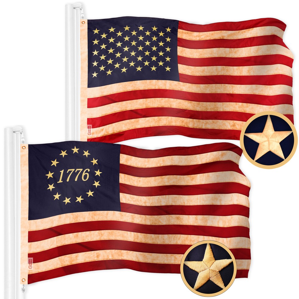 American USA Tea-Stained Flag & 1776 Tea-Stained Flag 3×5 Ft Both Emb 420D Poly