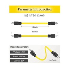 3 Prong Plug 12AWG 125V Double Male Extension Cord For NEMA 5-15P to 5-15P