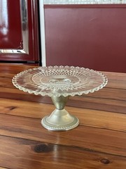 Vtg Shrewsbury Nickel~Silver removable Bottom Glass Pedestal Cake Stand 6.75”