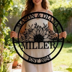 Personalized Wedding Sign – Sunflower Family Name & Established Date Metal Art