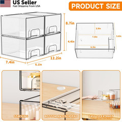 Yieach 4 Pack Clear Stackable Storage Drawers,4.4” 4 PCS, Clear-4.4 In Tall