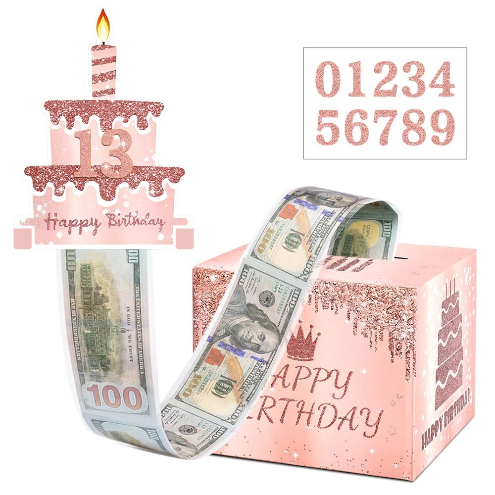 Birthday Money Pull Box for Cash Gift with DIY Self-Adhesive Stickers for Any…