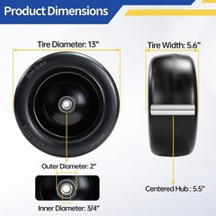 2 Pcs 13×6.50-6 Flat Free Lawn Mower Tire and Wheel, with 3/4″ Bearings & Extra