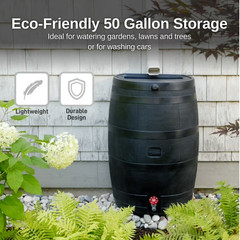 RTS Home Accents Polyethylene 50 Gallon Flat Back Eco Rain Barrel, Black Color