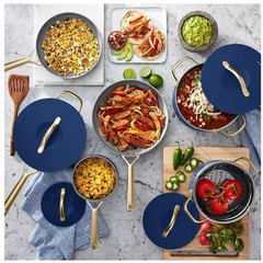 Member’s Mark 11-Piece Modern Ceramic Non Stick Cookware Set, Navy and Gold
