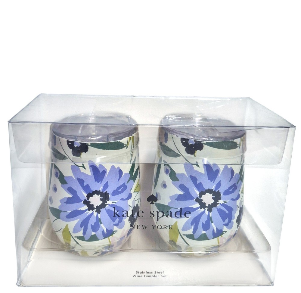 Kate Spade Festival Floral Stainless Steel Stemless Wine Glasses Blue Multi New