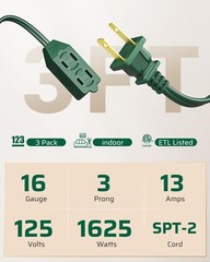 DEWENWILS 3-Pack 3 Ft Extension Cord with Multiple Outlets 2 Prong 16 AWG Green