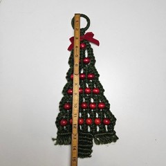 Macrame Wood Beaded Christmas Tree Hanging Decor Green Red Boho 15″
