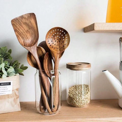 5Pcs Wooden Spoons Cooking Natural Non-Stick Cooking Utensils for Home & Kitchen