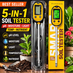 Dusson 5-in-1 Soil Tester pH Moisture Light Temp Nutrient Meter Garden Probe 12″
