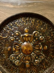 Beautiful Large Ornate Metal Medallion on Stand Ombre Brown Hammered Decor 26.5”