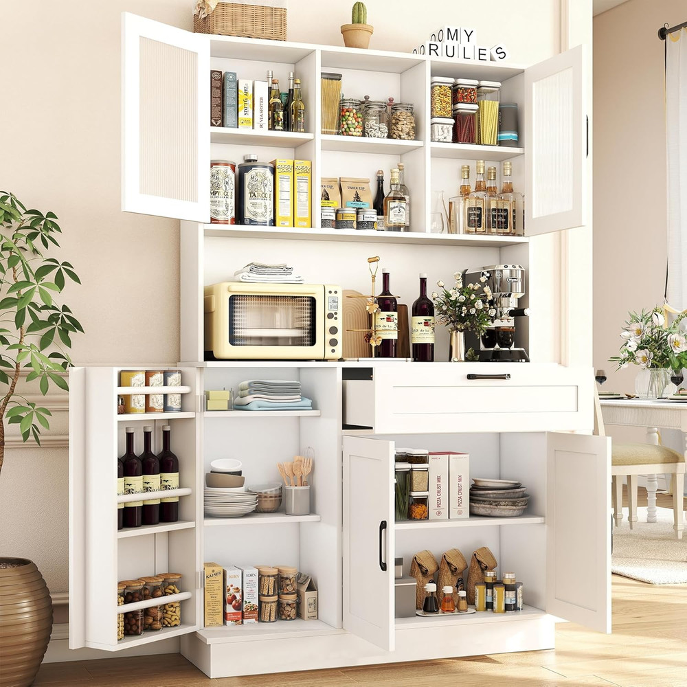 Pantry Cabinet, White Kitchen Storage Cabinet with 4 Doors and Shelves, Kitchen