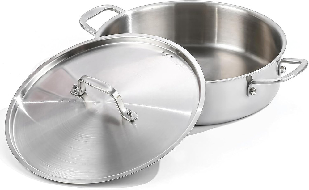 8QT Tri-Ply Stainless Steel Jumbo Sauté Pan with Lid, 13″ Heavy Duty Skillet