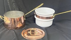 Vintage Copral Portugal Copper Double Boiler Sauce Pan Pot w/Lid Brass & Handles