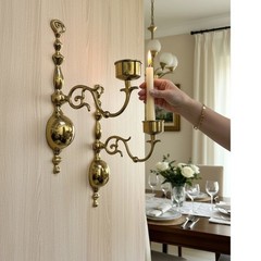 Vintage Solid Brass Wall Sconce Candle Holders Pair Polished Gold Spindle 12.5in