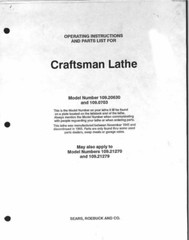 Craftsman 109.20630 109.0703 Lathe Owners Instruction Manual